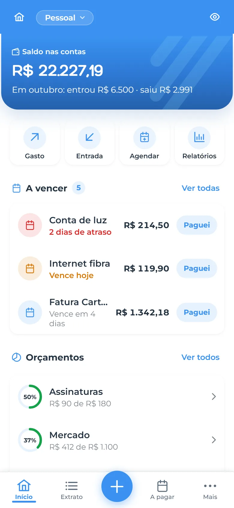Painel de Finanças com saldo, contas a vencer e orçamentos