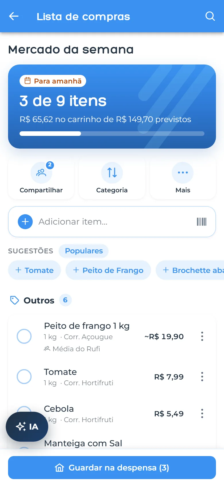 Lista de compras compartilhada com itens marcados e preço previsto
