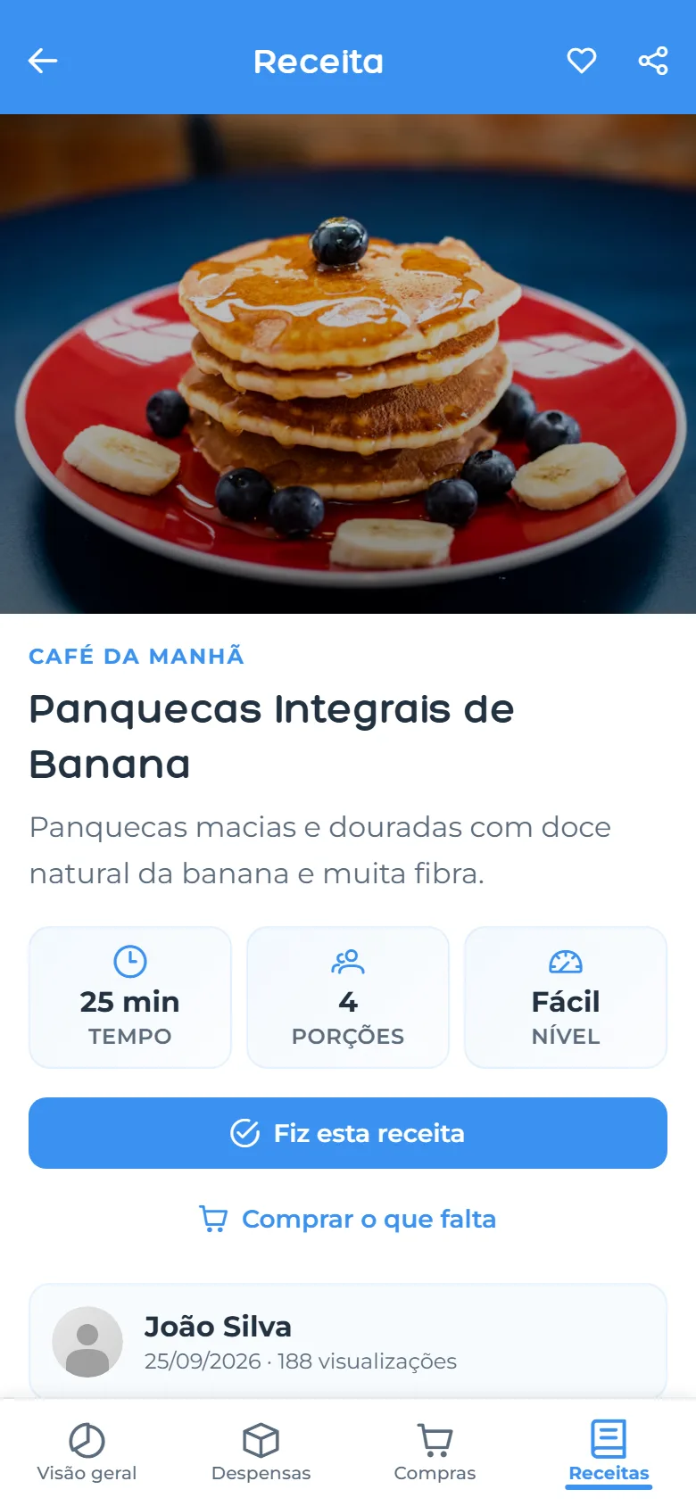Receita com tempo, porções e botão para comprar o que falta
