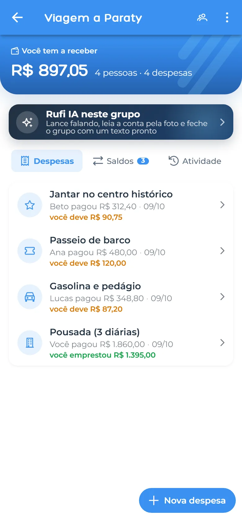 Grupo do Dividir com despesas, quem pagou e quanto cada um deve